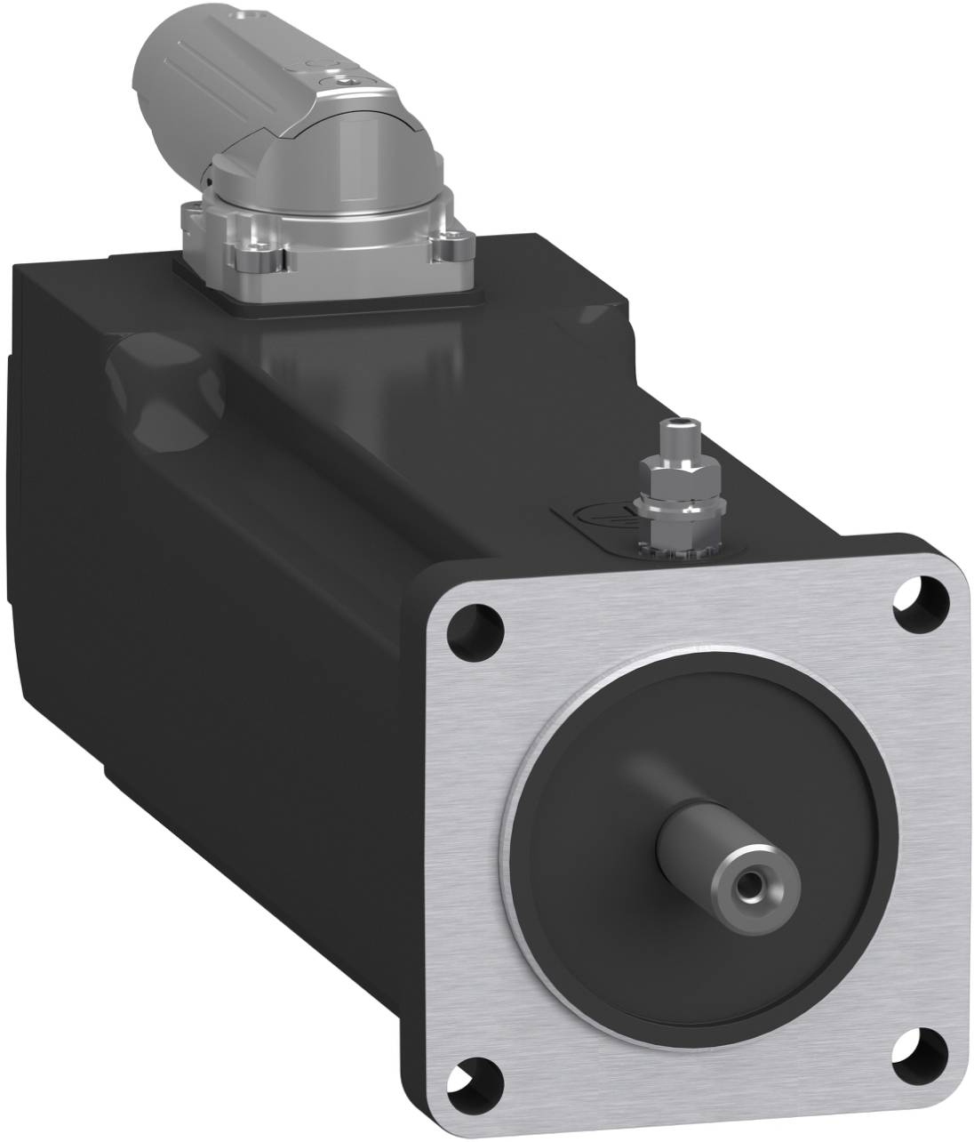Industrieller Elektromotor mit quadratischem Flansch, vorstehendem Schaft und montiertem Stecker oben.