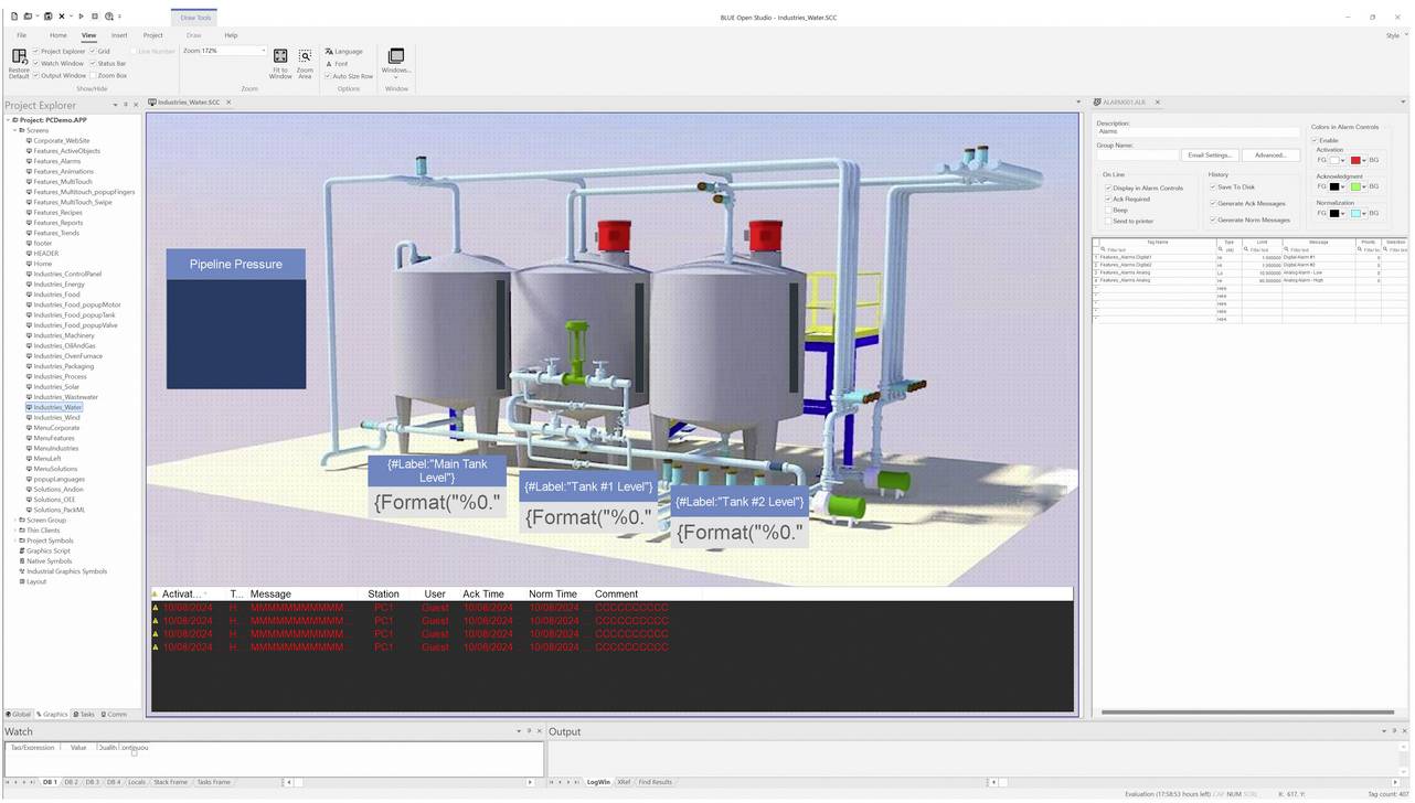 3D-Prozesssimulation eines Rohrleitungssystems mit zwei großen Tanks, verbundenen Rohren, Pumpen und gekennzeichneten Pegelstandsanzeigen in einer Modellierungsanwendungsschnittstelle.