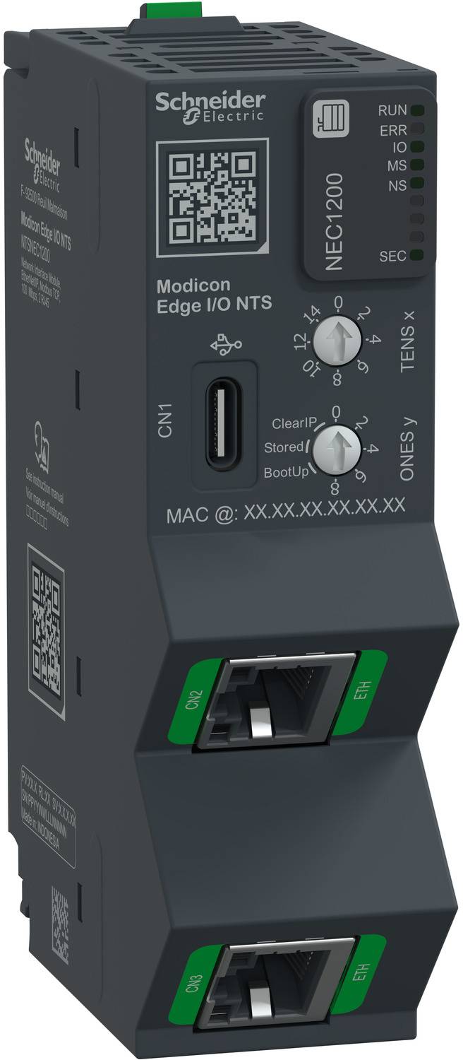 Schneider Electric Modicon Edge I/O NTS Industrie-Controller-Modul mit Statusleuchten, QR-Code, USB-Anschluss und zwei Ethernet-Anschlüssen.