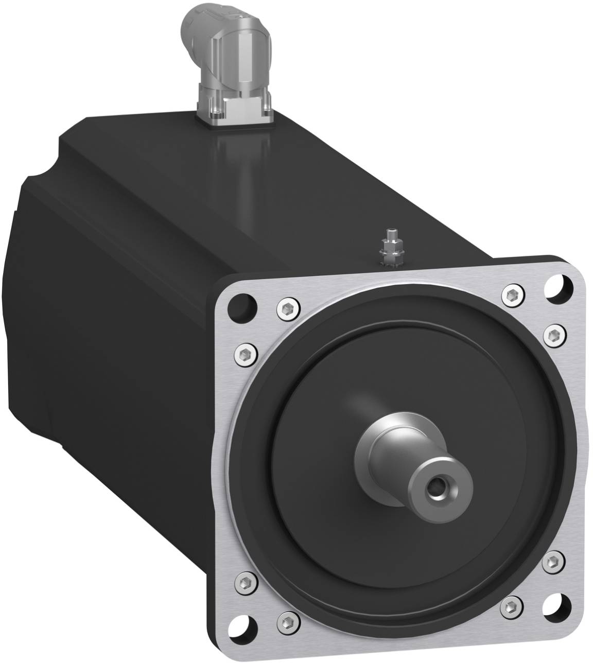 Elektromotor für industrielle Anwendungen mit quadratischem Flansch an der Vorderseite und vorstehender Welle, dargestellt in einer produkttypischen isolierten Ansicht.