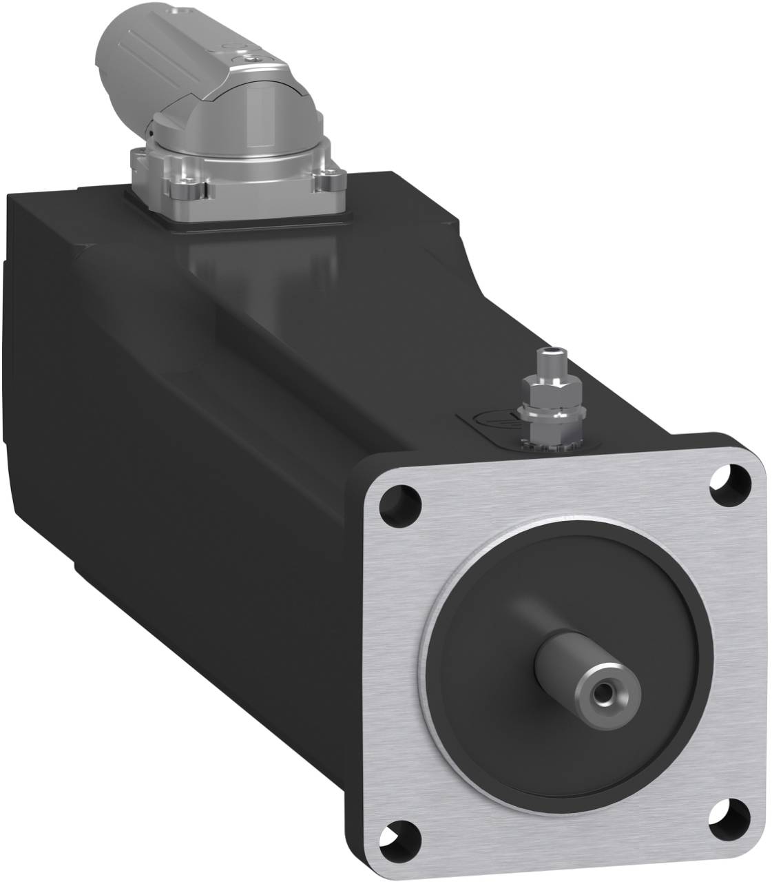 Industrieller Elektromotor mit rechteckigem schwarzem Gehäuse, silberner Montageflansch und vorstehender zentraler Welle auf weißem Hintergrund.