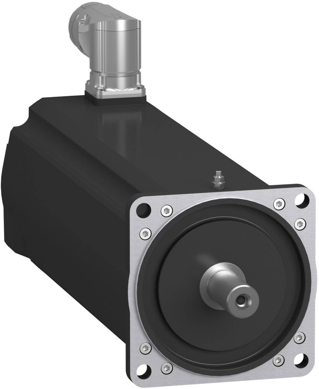 Industrieller Servomotor mit quadratischem Frontflansch und zentraler Welle, dargestellt in Schwarz und Silber auf weißem Hintergrund.