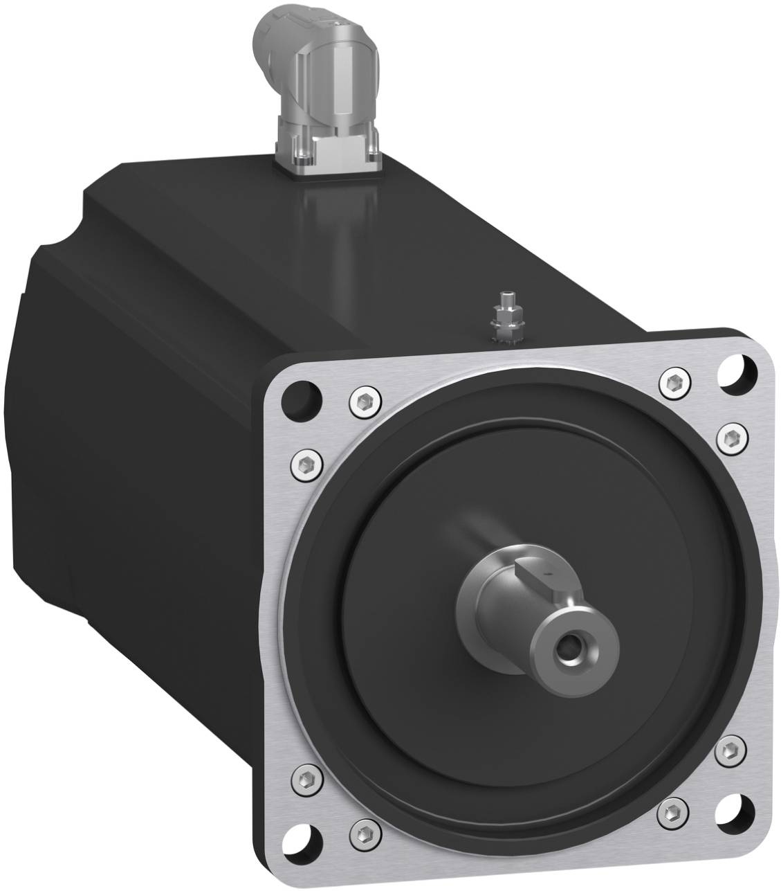 Industrieller elektrischer Servomotor mit Wellenende und quadratischem Montageflansch, dargestellt in einer produktstylisierten isolierten Ansicht.