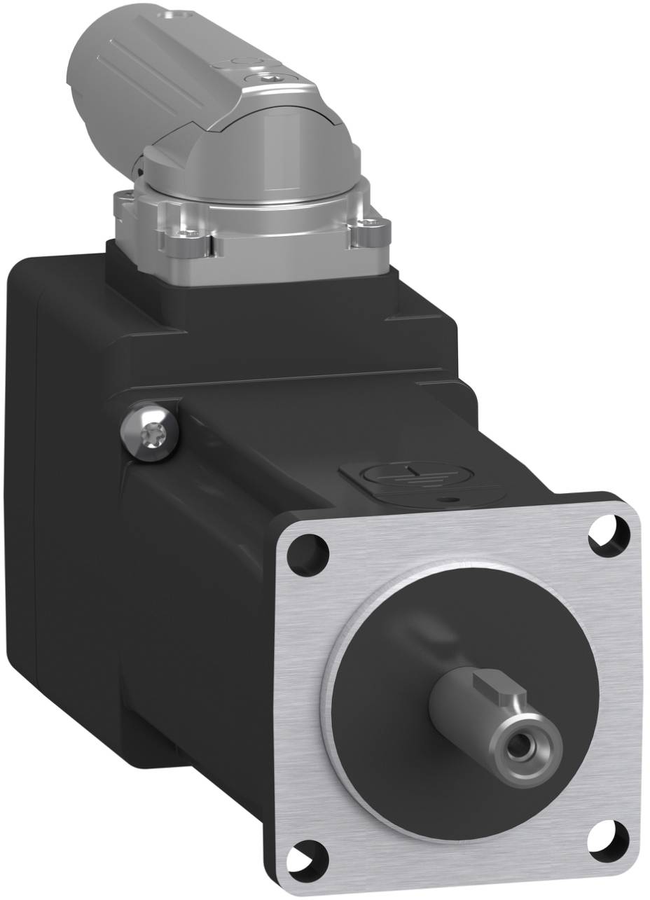 Industrieller Elektromotor mit quadratischem Montageflansch und vorstehender Welle, dargestellt in einer produktstil-3D-Darstellung auf weißem Hintergrund
