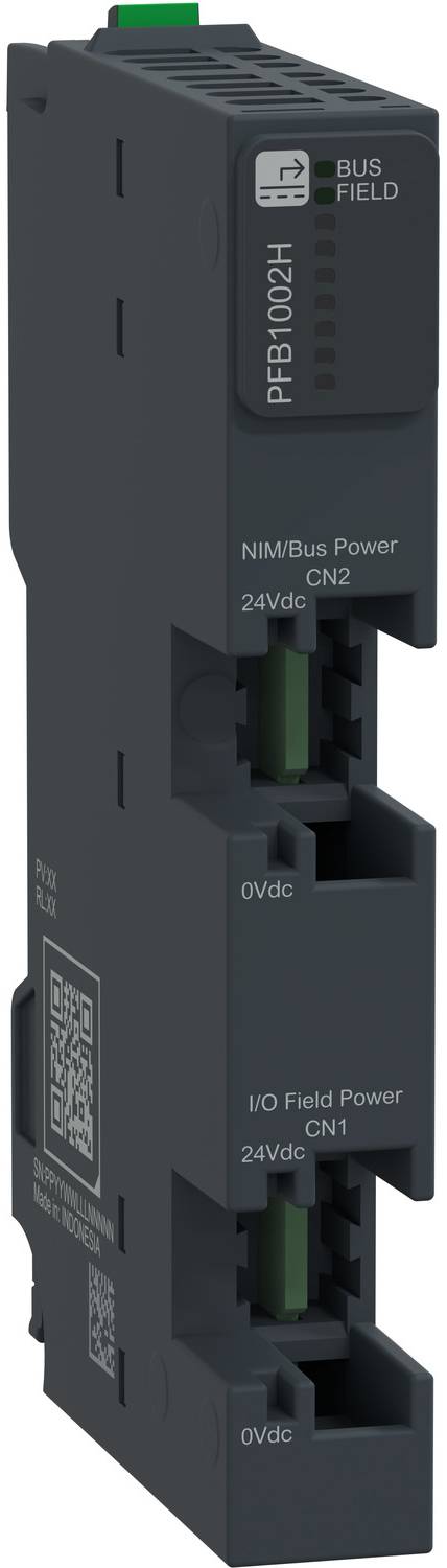 Industrielles Steuerungsmodul mit der Bezeichnung NIMBus Power CN2, mit BUS FIELD und I/O Field Power 24Vdc und 0Vdc Anschlussverbindungen.