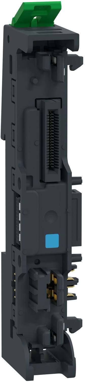 Schwarzes modulares elektronisches Steckverbinder-Komponente mit grünem oberen Riegel und blauem Akzent, isoliert auf weißem Hintergrund dargestellt.