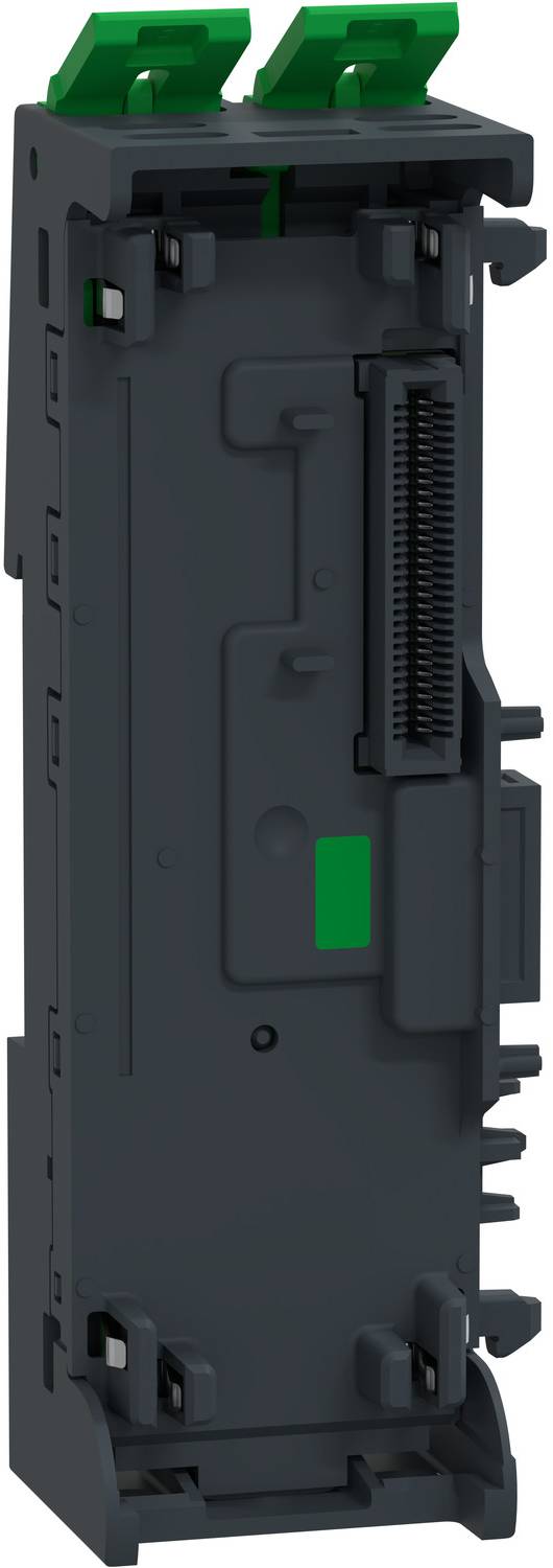 Schwarzes modulares Elektrogerät oder Steckerhülle mit zwei grünen Laschen oben und einer seitlichen Stiftbuchse, isoliert auf weißem Hintergrund dargestellt