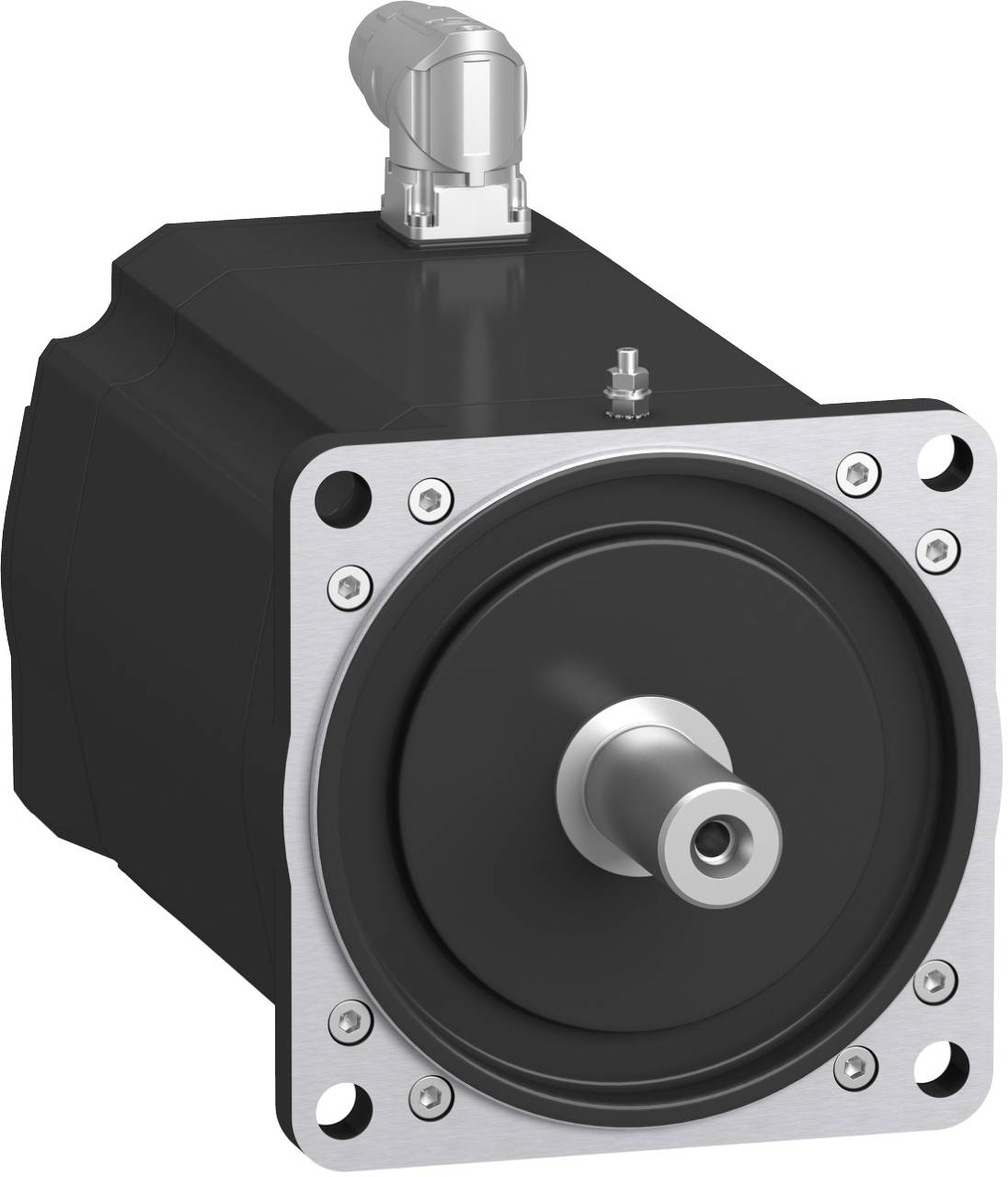 Industrieller Servomotor mit quadratischer Montagefläche, zentraler Welle und oberem Anschluss auf weißem Hintergrund.