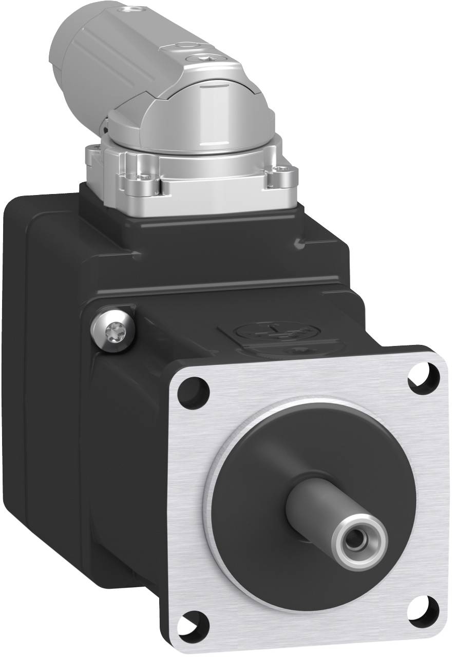 Industrieller Elektromotor mit silbernem Steckergehäuse, das auf einem schwarzen Block montiert ist, in Nahaufnahme auf weißem Hintergrund gezeigt.