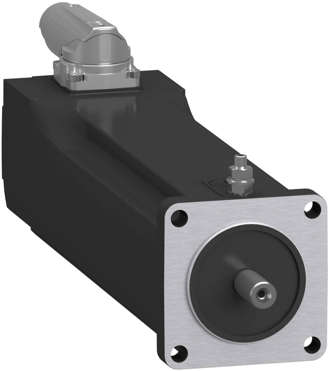 Industrieller Elektromotor mit schwarzem rechteckigem Gehäuse, silberner Frontflansche und aus der Mitte herausragendem Schaft.
