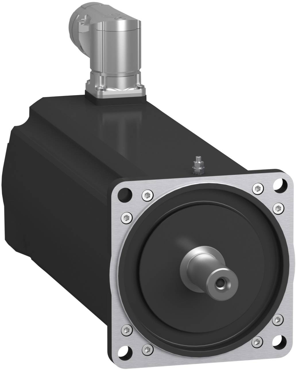 Industrieller elektrischer Servomotor mit quadratischem Metallflansch und herausragendem Schaft, dargestellt in einer produktiven Ansicht vor weißem Hintergrund.
