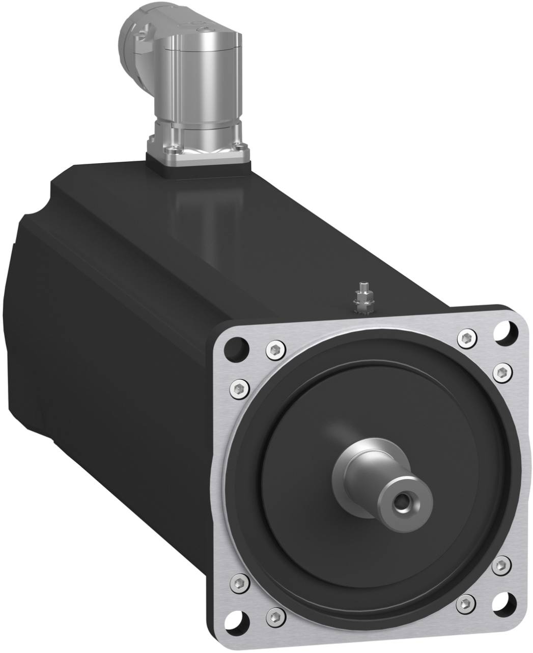 Elektromotor für Industrie mit schwarzem Gehäuse, silberner Frontflansche und vorstehender Welle auf weißem Hintergrund.