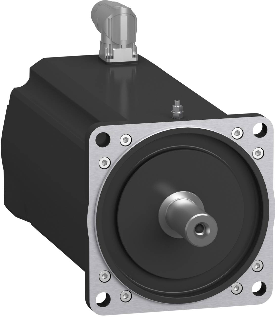 Industrieller Elektromotor mit quadratischem Vorderflange und vorstehender Welle, dargestellt in einer 3D-Produktdarstellung auf weißem Hintergrund.