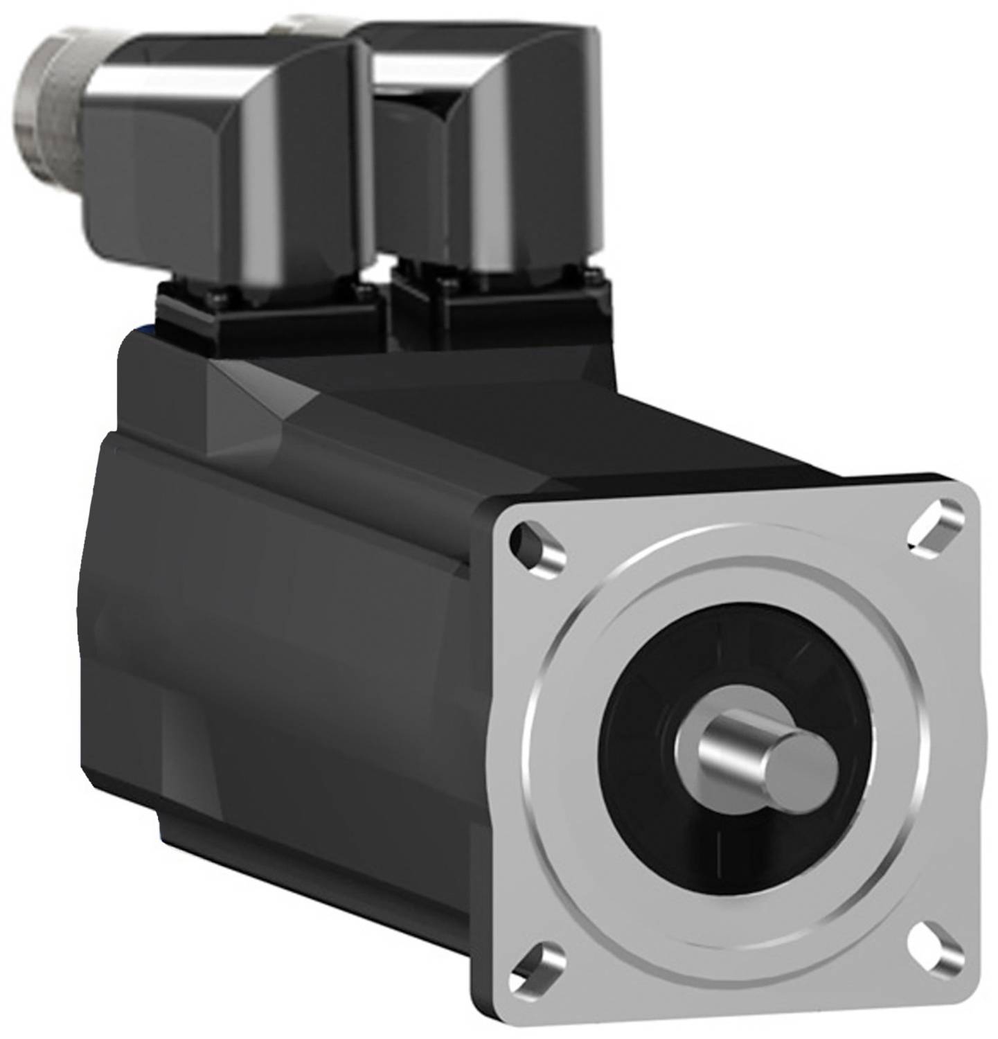 Industrieller elektrischer Servomotor mit quadratischem Frontflansch und oben angebrachten Anschlussports, gezeigt auf weißem Hintergrund.