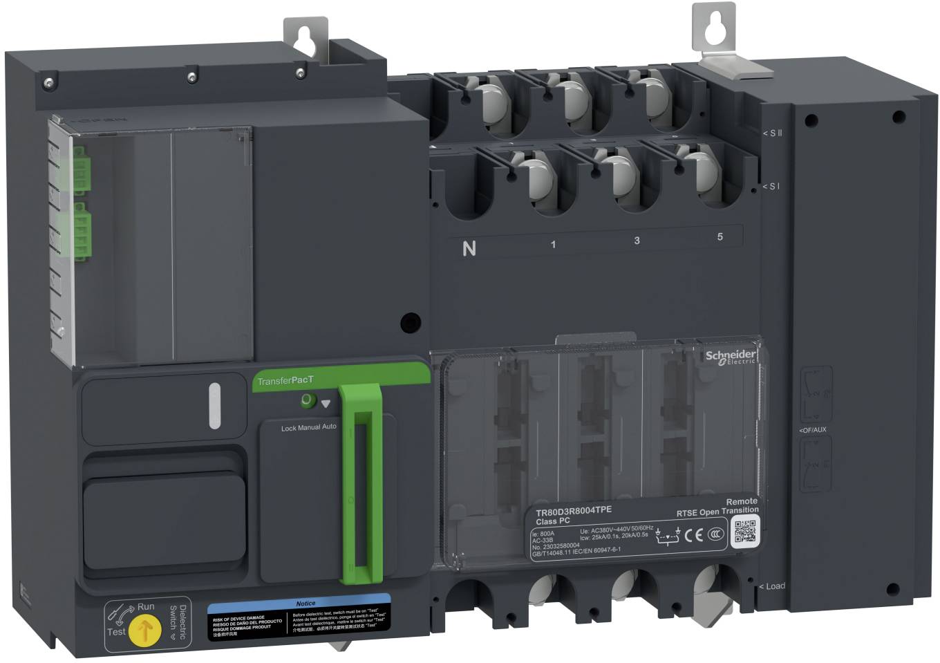 Schwarzer Schneider Electric-Leistungsschalter, eine Schaltanlage aus Kunststoffguss mit grünen Statusakzenten und gekennzeichneten Anschlüssen.