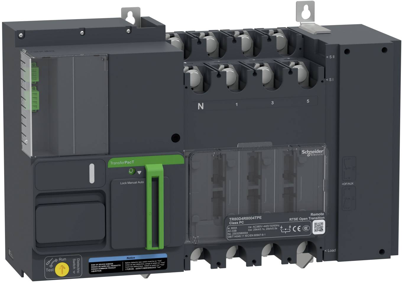 Schwarzer Schneider Electric Umschalter für Elektroschaltanlage mit mehreren oberen Anschlüssen und Frontabdeckung, verwendet für Stromschaltung/Steuerung.