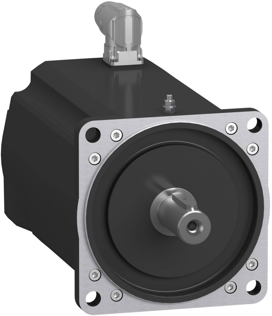 Industrieller elektrischer Servomotor mit quadratischem Vorderflansch und hervorstehendem Schaft, isoliert auf weißem Hintergrund dargestellt.