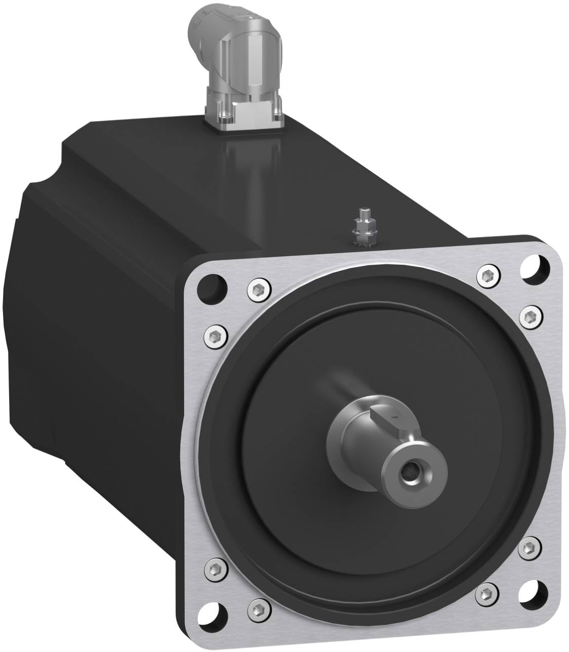Industrieller Servomotor mit quadratischem Vorderflansch und hervorstehendem Schaft, dargestellt in einer produktstylisierten Nahaufnahme auf weißem Hintergrund.