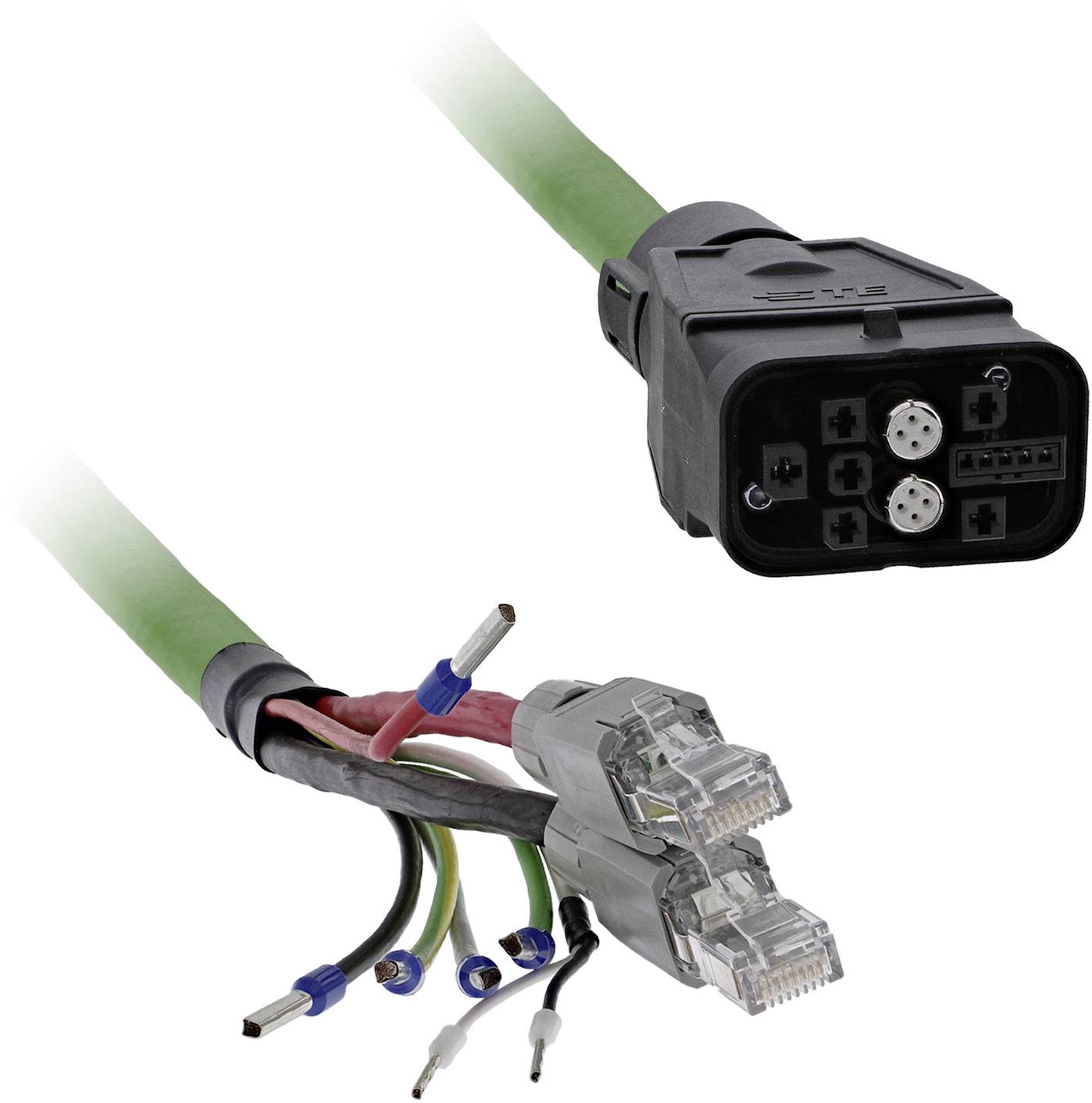 Nahaufnahme von zwei Steckverbindern: ein schwarzer mehrpoliger Stecker und ein transparenter RJ45-Netzwerkstecker mit sichtbaren farbigen Drähten.