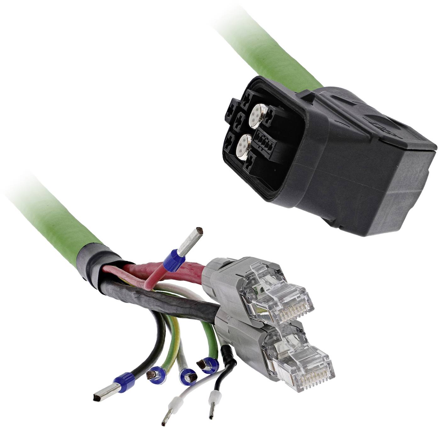 Nahaufnahme von zwei elektrischen Steckerverbindungen, einem schwarzen und einem transparenten Modulstecker, mit freiliegenden farbigen Drähten auf grüner Isolierung.