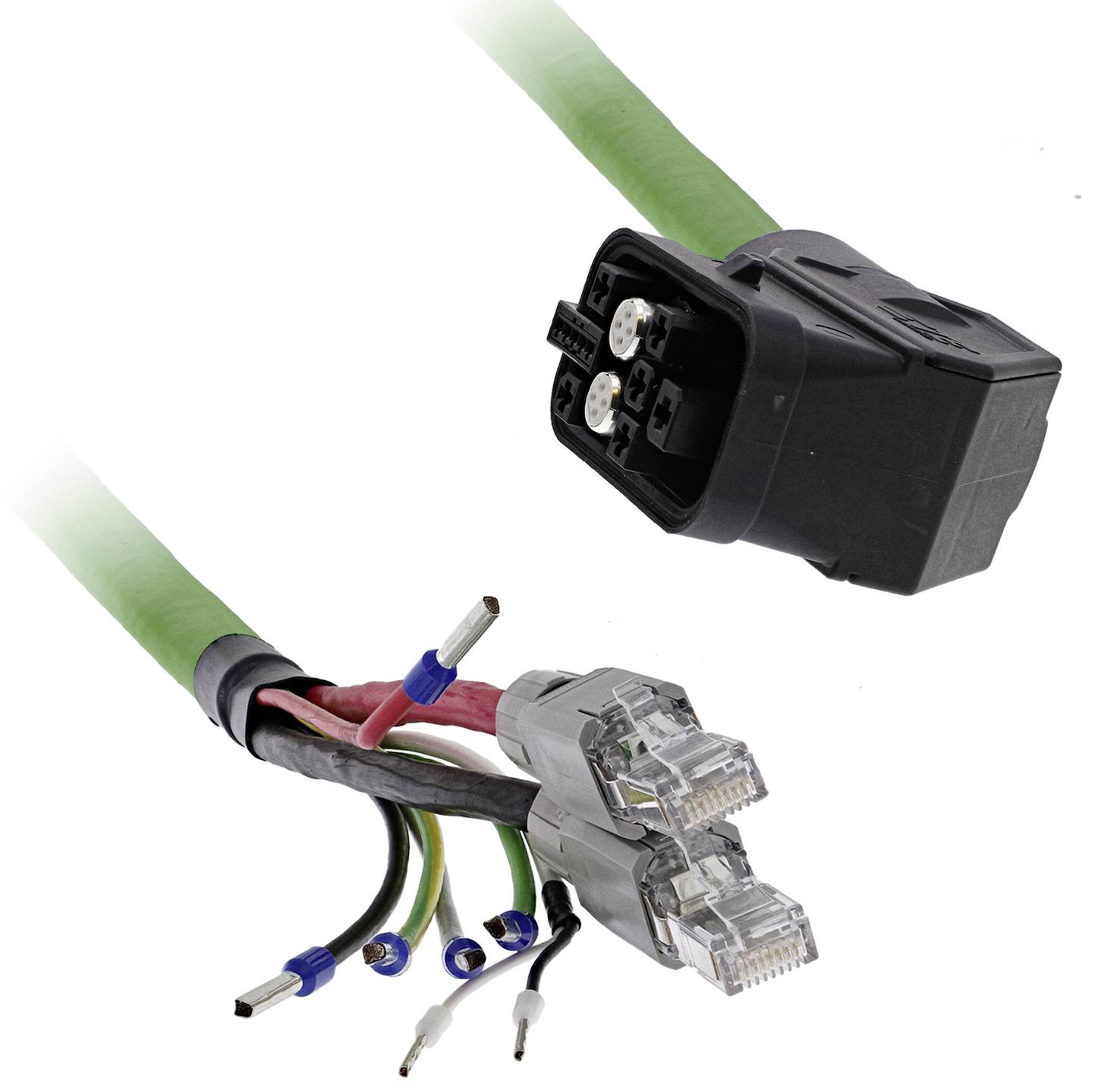 Querschnitt eines elektrischen Kabelstrangs, der einen schwarzen Multi-Pin-Stecker und zwei transparente RJ45-ähnliche Stecker mit freigelegten Drähten auf einer grünen Ummantelung zeigt.