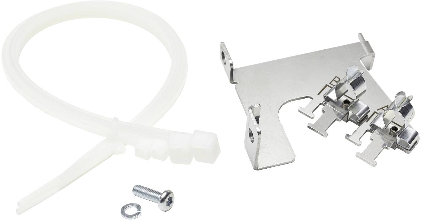 Kabelbinder und Metallbefestigungsclip mit einer kleinen Schraube und Unterlegscheibe, dargestellt als Hardware zum Befestigen von Kabeln oder Komponenten.