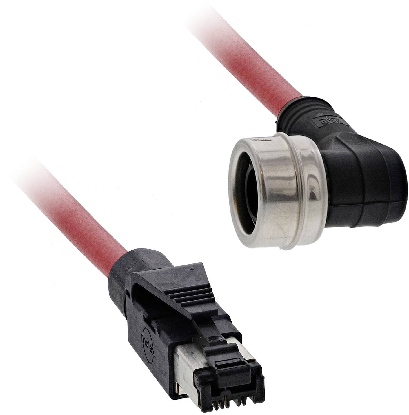 Rotes und schwarzes Netzwerkkabel mit RJ45-Stecker und rundem Metallstecker, dargestellt auf weißem Hintergrund.
