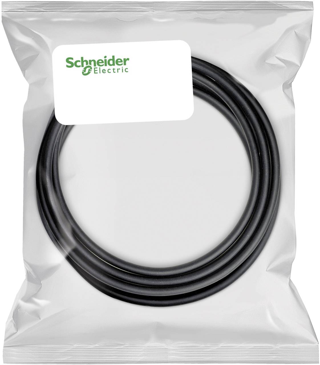 Verpacktes schwarzes Spulenkabel in einem durchsichtigen Kunststoffbeutel mit Schneider Electric-Etikett.