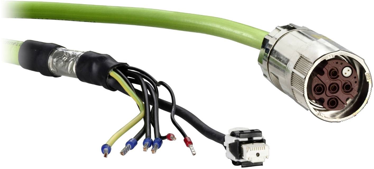 Elektrokabelanordnung mit einer grün ummanteltem Leitung, kreisförmigem Mehrpin-Stecker, freiliegenden farbcodierten Drähten und einem kleinen weißen Steckverbinder.