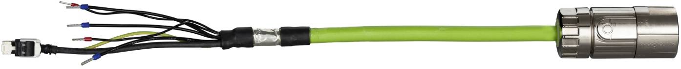 Grüne Industriekabelgarnitur mit mehreren farbigen Drähten, die von einem schwarzen Stecker zu einem großen metallischen zylindrischen Stecker auf der rechten Seite abzweigen.