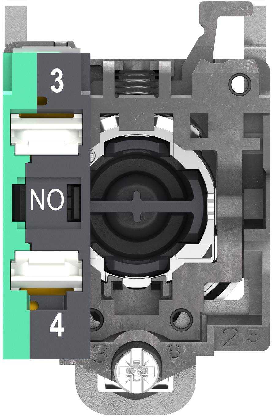 Nahaufnahme eines elektrischen Schaltermoduls mit Anschlüssen, die mit 3, 4 und NO gekennzeichnet sind, und zeigt den internen Kontaktmechanismus.