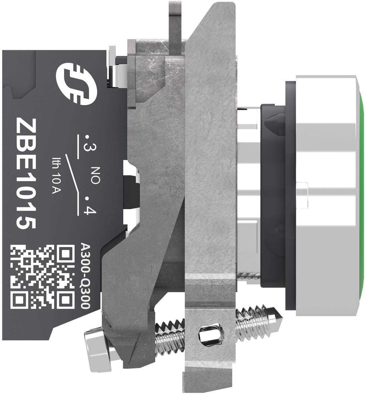 Nahaufnahme eines schwarzen Elektro-Druckschalters aus Metall, gekennzeichnet mit „ZBE1015
