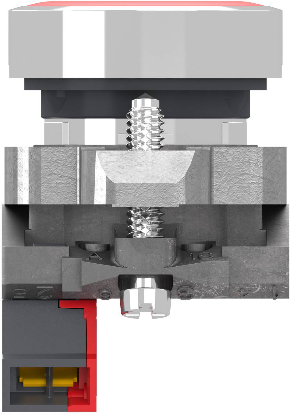 Querschnitt einer mechanischen Befestigungsanordnung mit einer zentralen Schraube und einer Klammer, die interne Teile zeigt und einen hervorgehobenen roten Elektrostecker oben links darstellt.