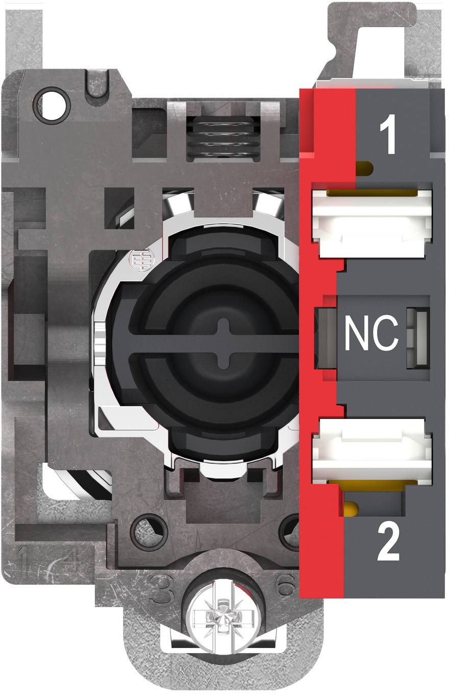 Elektroschaltermodul mit einem zentralen schwarzen Drehantrieb und drei beschrifteten Anschlüssen auf der rechten Seite: 1, NC und 2.