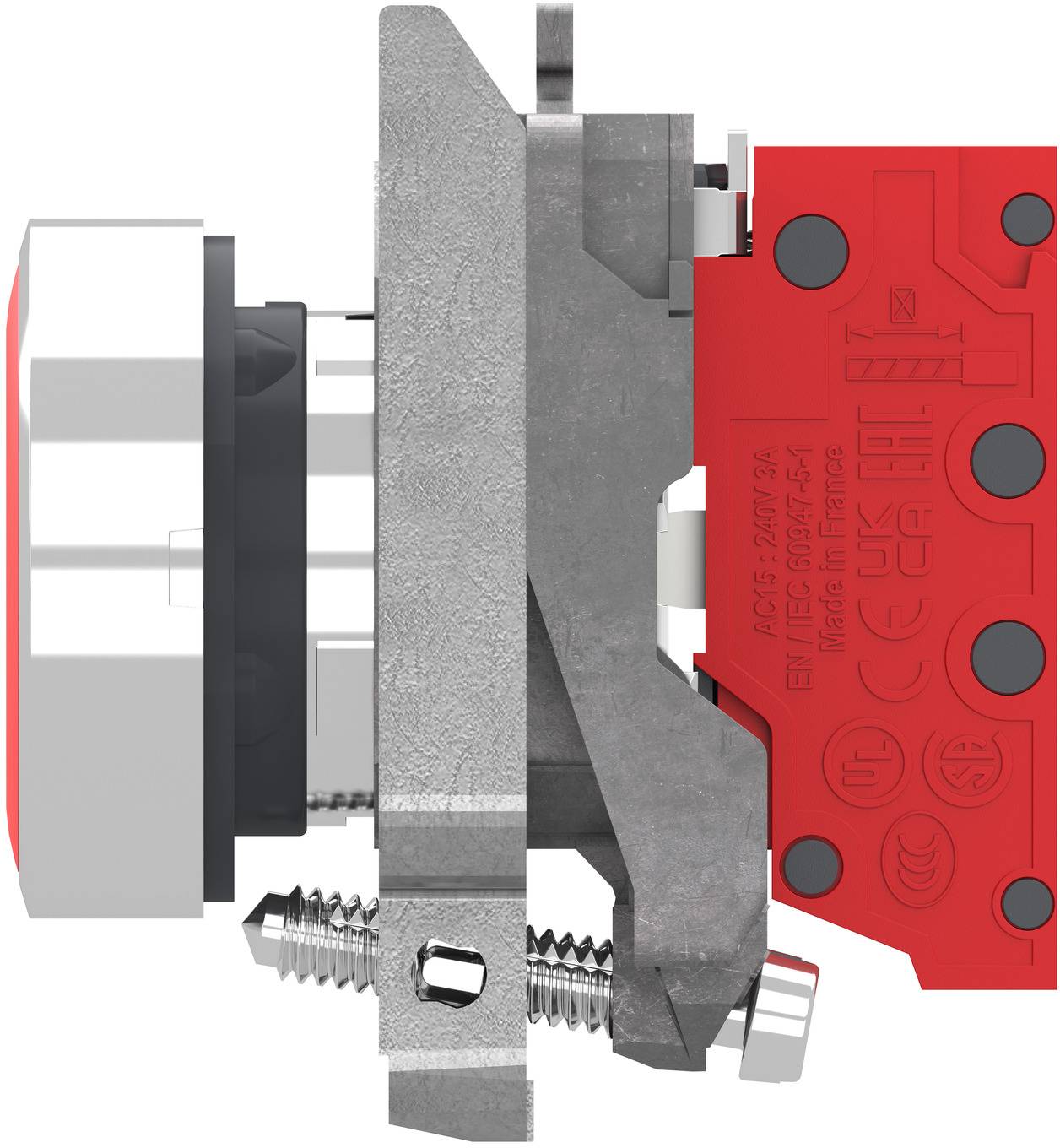 Nahaufnahme einer industriellen Endschalter-Baugruppe mit rotem Gehäuse, metallischem Betätigungshebel und Befestigungshardware auf weißem Hintergrund.
