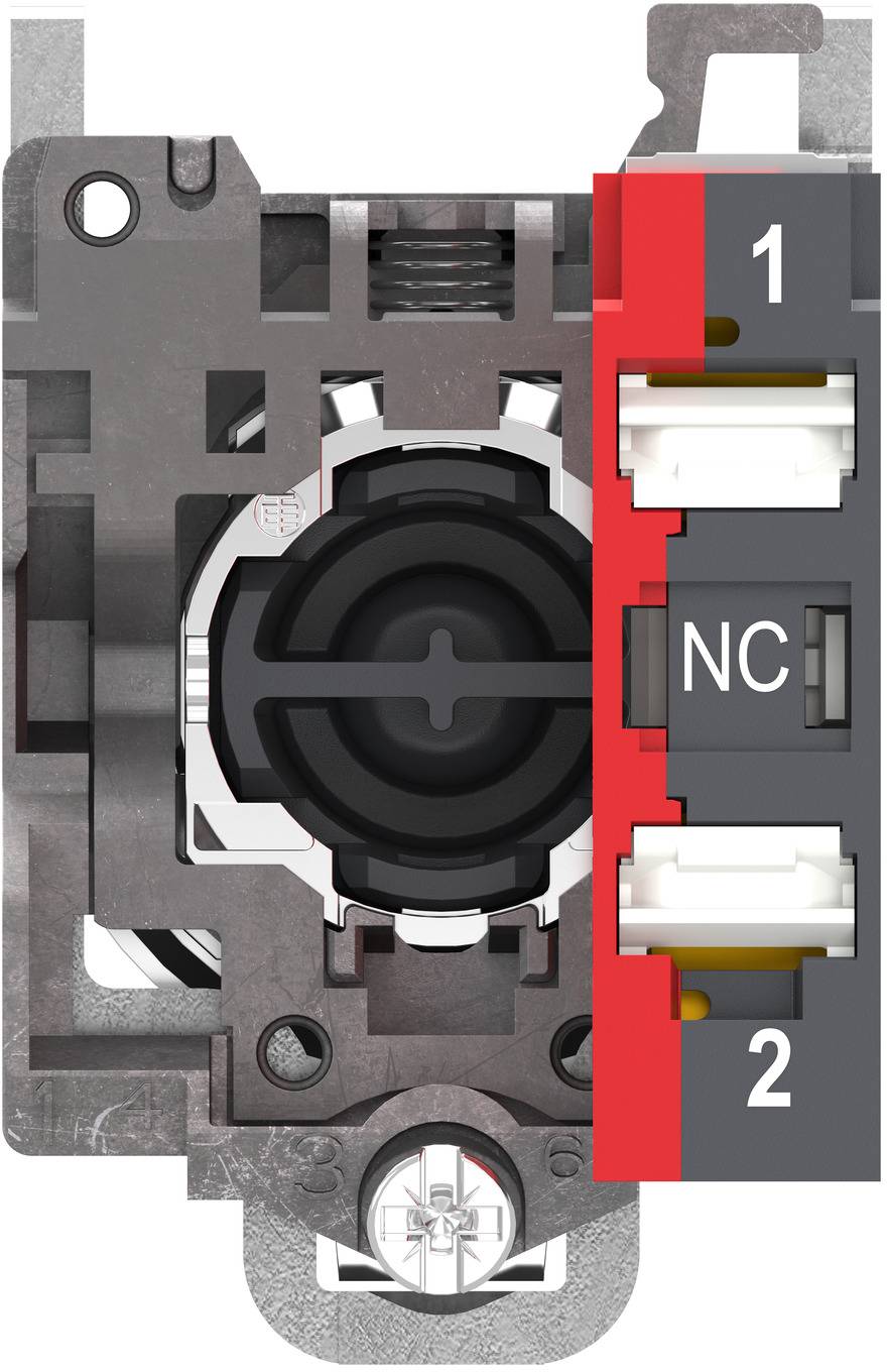 Nahaufnahme eines elektrischen Schalter-Klemmblocks mit Kontakten, die mit 1, NC und 2 beschriftet sind, neben einem zentralen Betätiger/Stecker.
