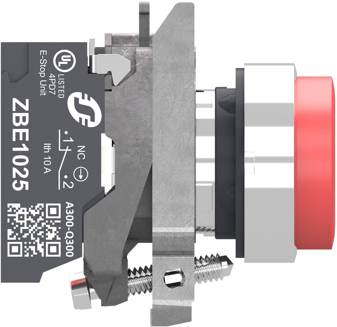 Seitenansicht einer Druckschalter-Baugruppe mit rotem Betätiger, Metallgehäuse und gekennzeichnetem Kontaktblock mit elektrischen Nennwerten.