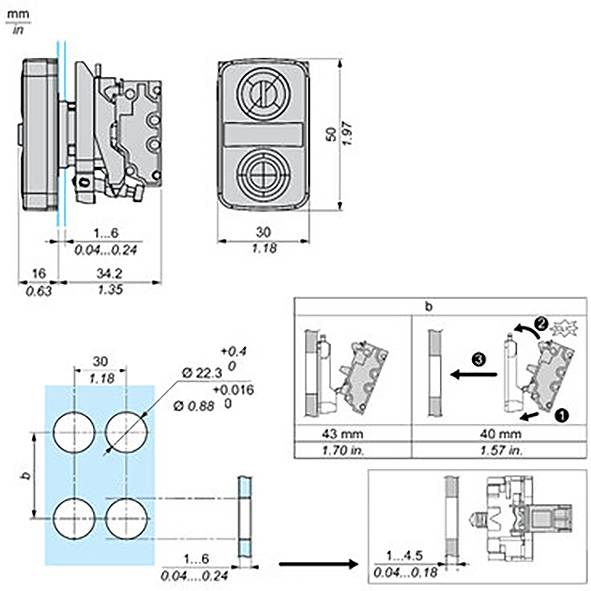 Technische Bemaßungszeichnung einer rechteckigen mechanischen Komponente mit Vorder-, Seiten- und Montageansichten, die Maße in mm und Zoll sowie ein 4-Loch-Muster zeigen.