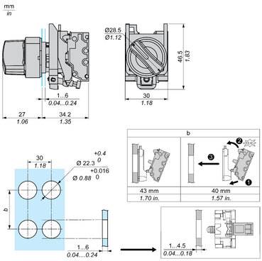 Technische maßstabgerechte Ingenieurzeichnung eines mechanischen Bauteils, zeigt Seiten- und Vorderansicht, Befestigungslochuster und Installations-/Freiraummessungen in mm und Zoll.