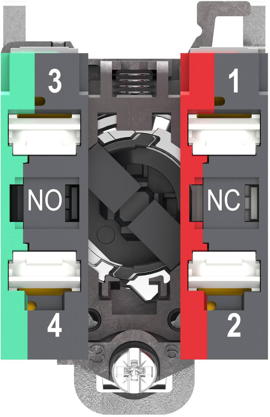 Industrieller elektrischer Kontaktblock mit vier Klemmen mit den Bezeichnungen 1, 2, 3, 4 und Markierungen NO und NC, die einen Druckschalter-Mechanismus zeigen.