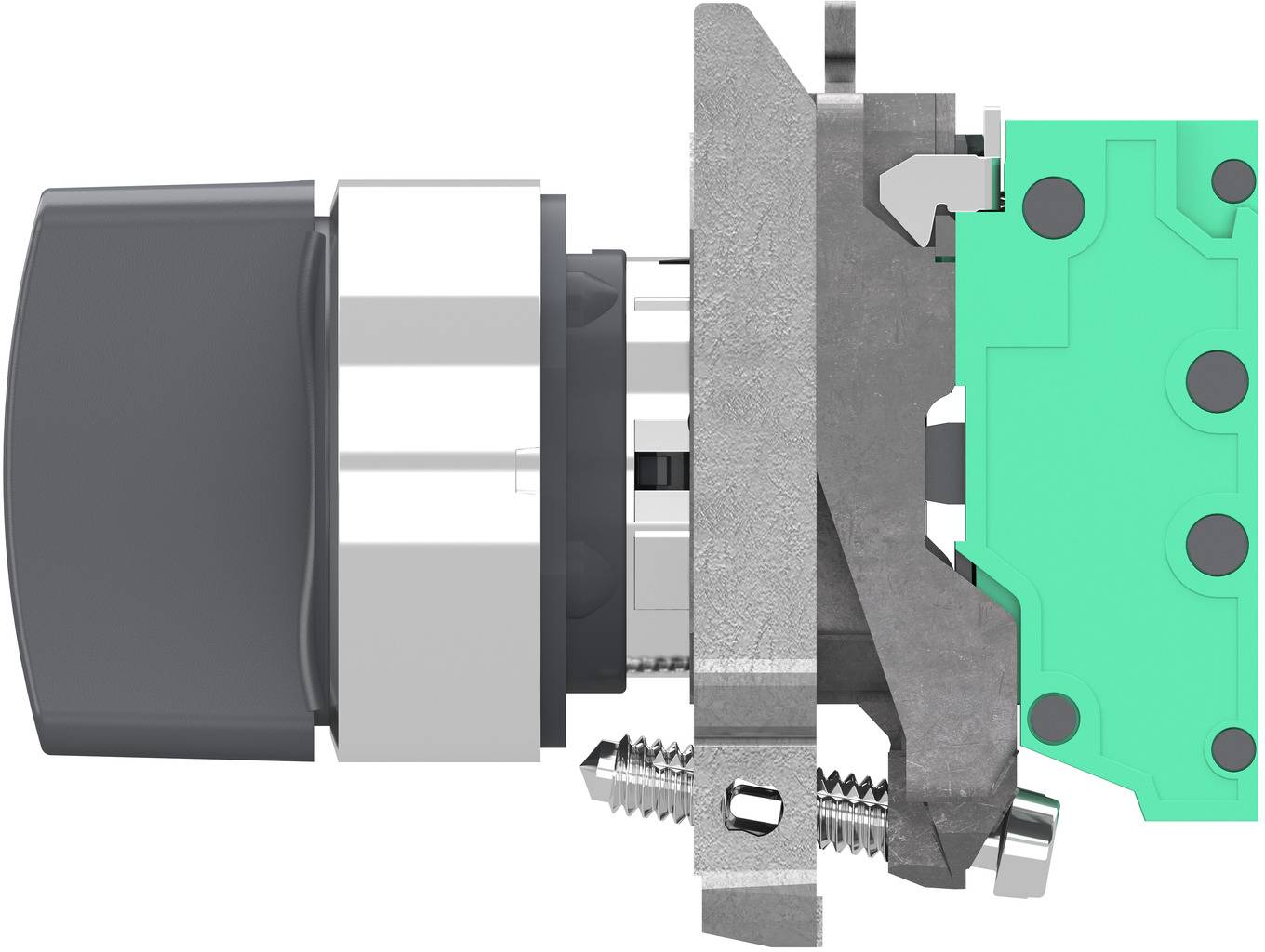 Seitenansicht mit Schnittdarstellung eines zylindrischen Maschinenkomponente oder Schalteranordnung, die einen internen Metallmechanismus und eine grüne Leiterplatte auf der rechten Seite zeigt.