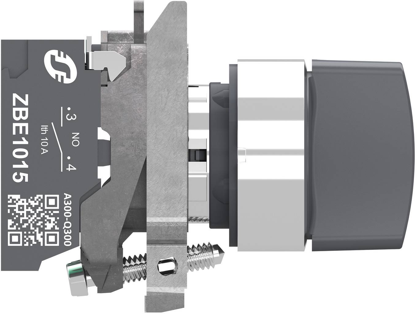 Nahaufnahme Seitenansicht einer mechanischen Druckschalter-Baugruppe mit schwarzer Kappe, Metallgehäuse, Anschlüssen und einer beschrifteten Seitenplatte mit der Aufschrift 