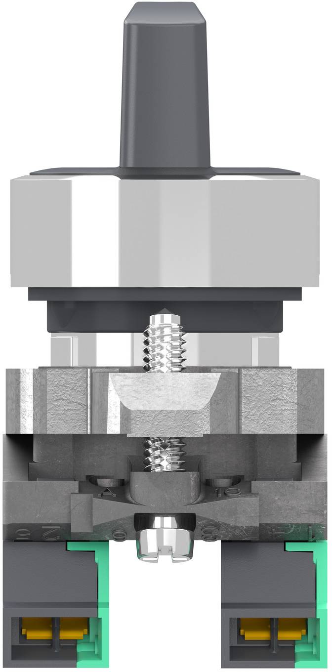 Querschnitt einer Bedienknopf- oder Drehschalter-Baugruppe mit der Welle, dem federbelasteten internen Mechanismus und den elektrischen Kontakten darunter.