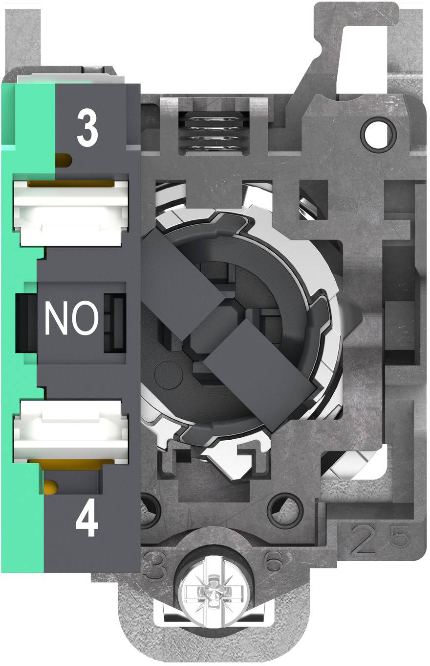 Technische Illustration eines Elektroschalter-Mechanismus mit beschrifteten Anschlüssen 3, 4 und NO, die die internen Drehkontakte und das Verdrahtungslayout zeigen.