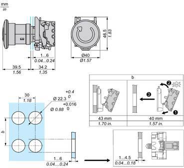 Technische Maßzeichnung einer mechanischen Spannzange/Verriegelungskomponente mit Millimeter- und Zollangaben, die Seiten-, Frontal- und Installationsansichten zeigt.
