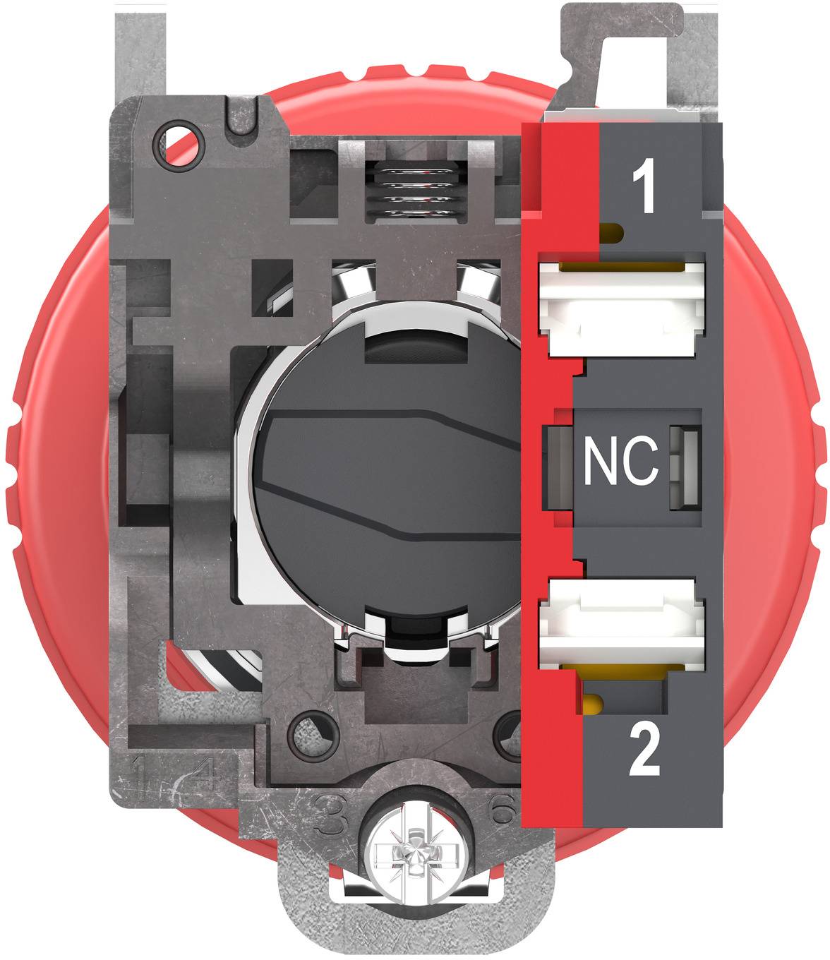 Nahaufnahme eines Elektroschaltermoduls mit rotem kreisförmigem Gehäuse, das Anschlüsse mit den Bezeichnungen „1