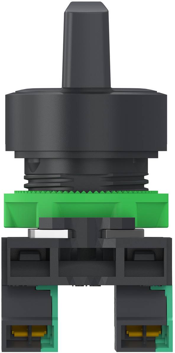 Nahaufnahme eines schwarzen elektrischen Steckers oder Sensorkomponente mit einem grünen Verriegelungsring und zwei Anschlussöffnungen am unteren Ende.