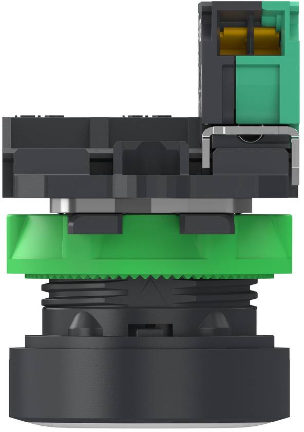 Nahaufnahme einer schwarzen, grünen und blaugrünen mechanischen Komponente oder eines Steckers, der von der Seite auf weißem Hintergrund dargestellt ist.