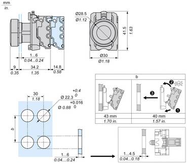 Technische Zeichnung eines mechanischen Steckers oder einer Halterung, die Vorder-, Seiten- und Installationsansichten mit Abmessungen in mm und Zoll sowie ein 4-Loch-Muster zeigt.