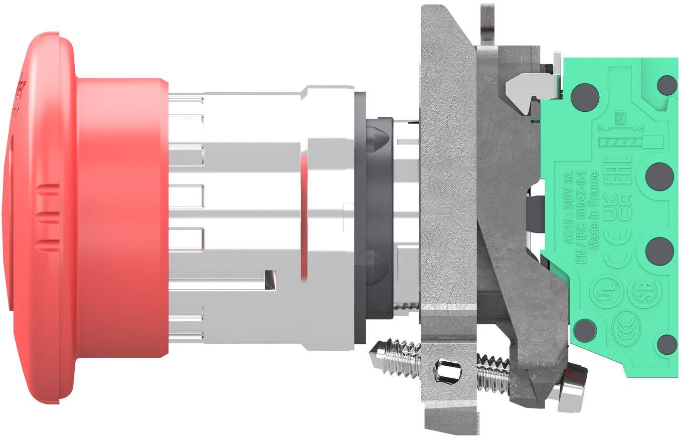 Seitenansicht einer mechanischen Schalteranordnung, die zeigt, einen roten Druckknopf auf der linken Seite, der mit einem Metallbetätiger verbunden ist, und eine grüne Leiterplatte auf der rechten Seite.